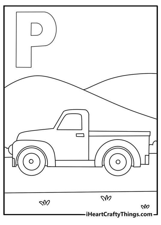 Letter P coloring page with pickup truck on country road