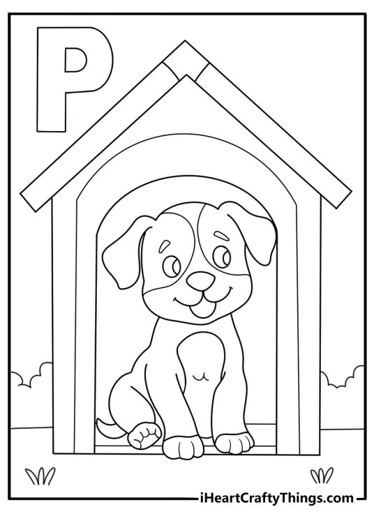 Letter P coloring page with puppy in dog house