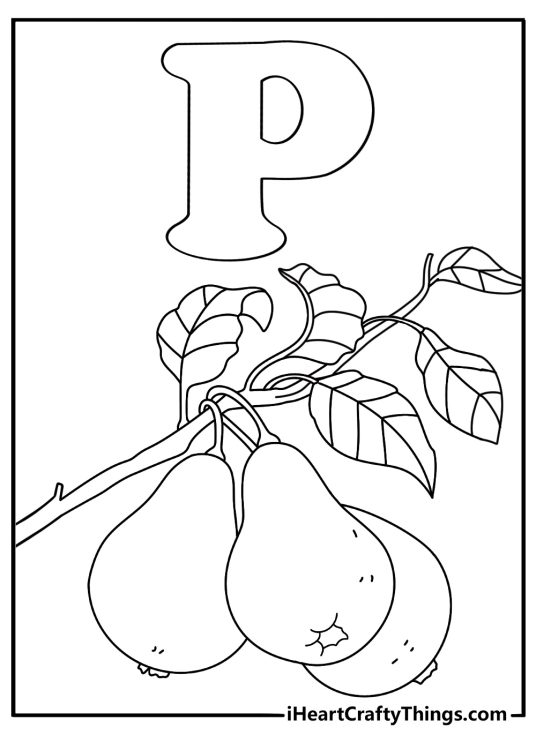 Letter P coloring sheet showing a pear on a tree branch
