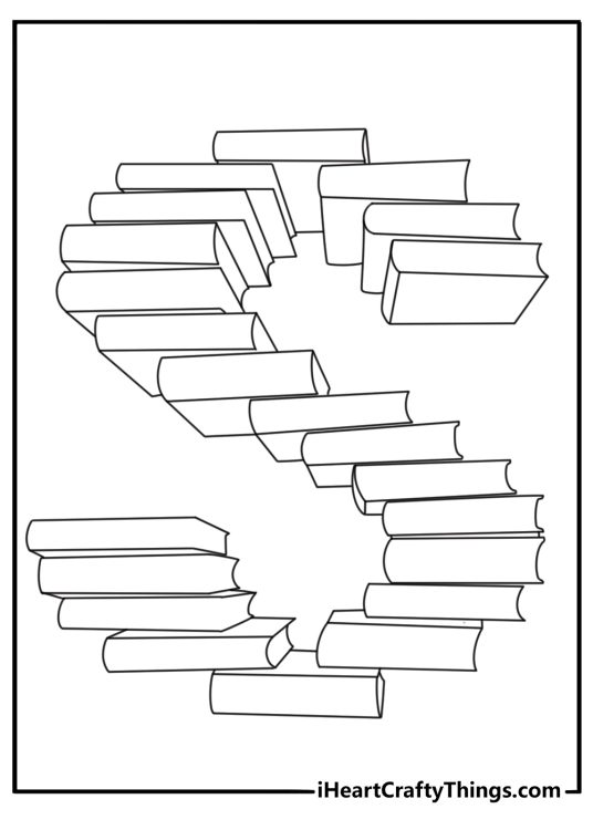 Letter S built from stacked books school themed coloring page