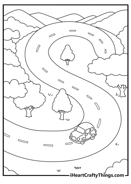 Letter S shaped road with small car travel themed coloring page