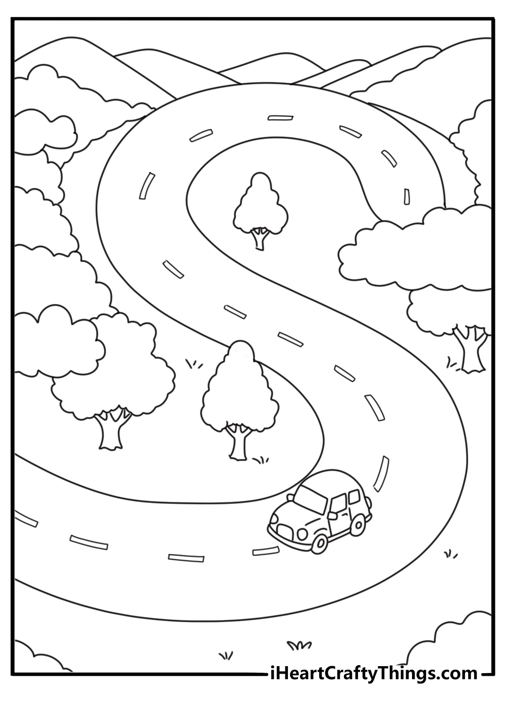 Letter S shaped road with small car travel themed coloring page