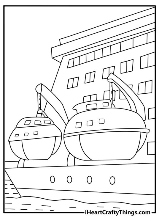 Lifeboat leaving large ship with oars in motion simple coloring page