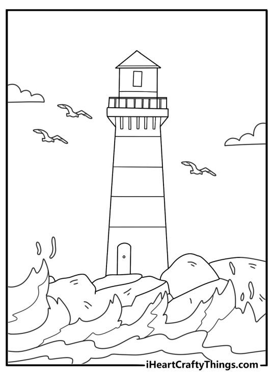 Lighthouse sea fort on rocky shore with waves and seabirds detailed coloring page