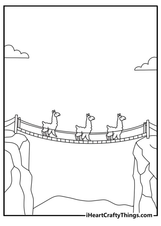 Llama coloring page trekking across a rope bridge between cliffs