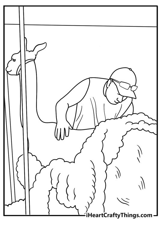 Llama coloring sheet with shearing tools and wool basket scene