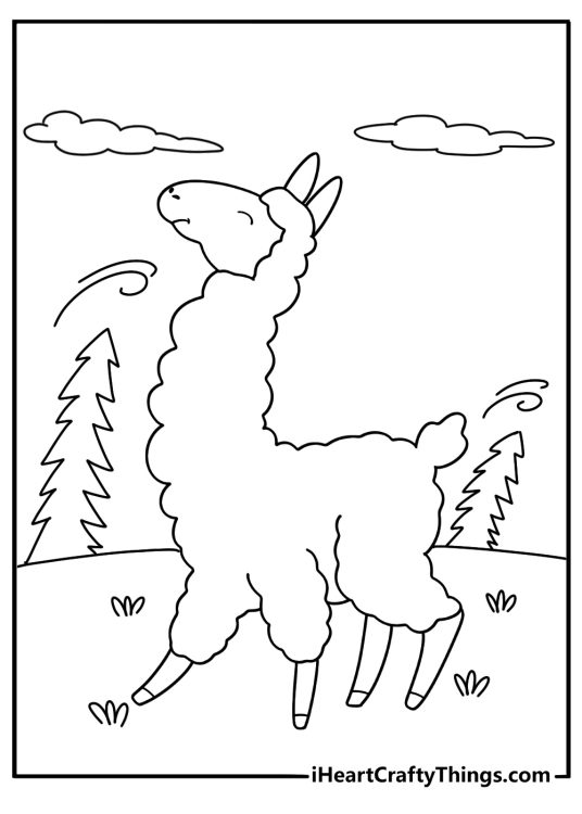 Llama printable page with highland plants rocks and windy sky free download