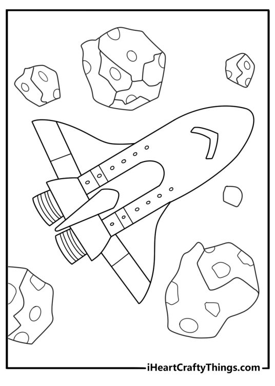 Long exploration spaceship traveling through asteroid field printable sheet
