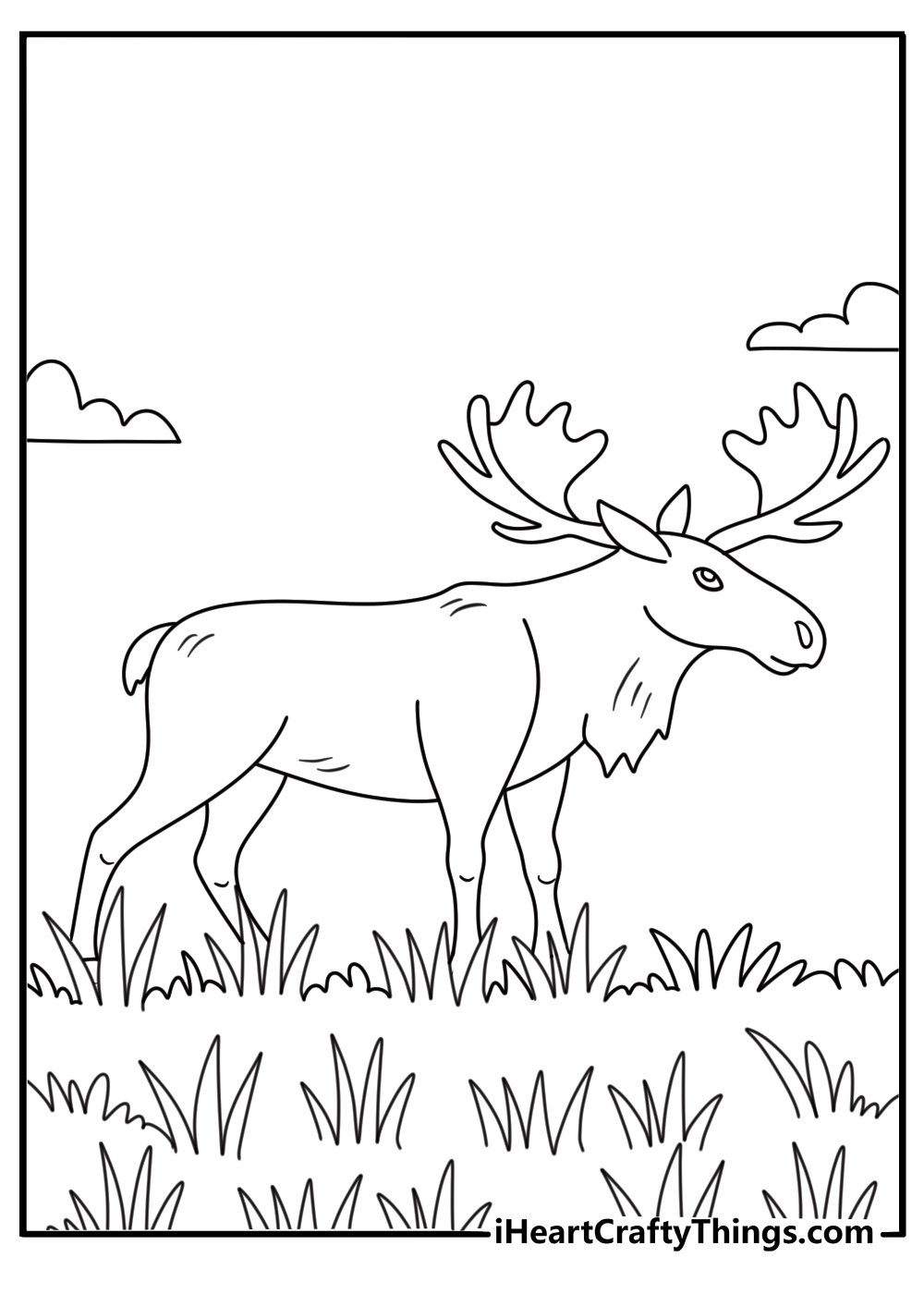 Long grasses hide the legs of a moose in this summer coloring sheet