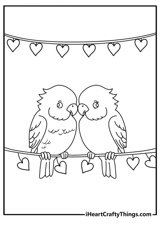 Lovebirds coloring sheet on a swing with heart garland cute printable for kids