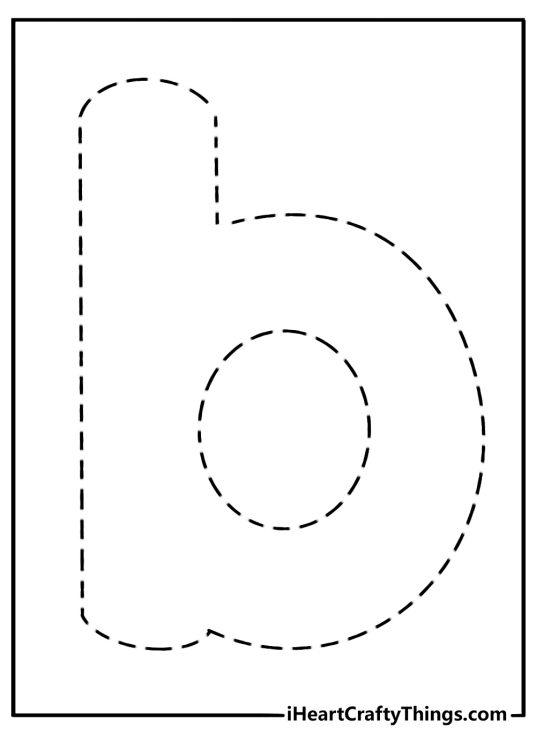 Lowercase b coloring sheet with dotted lines for preschool practice