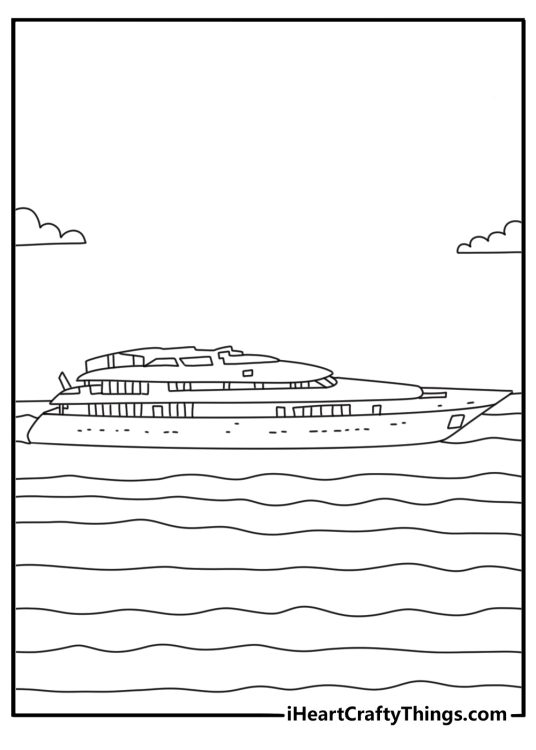 Luxury yacht with sleek design and upper deck realistic boat coloring pages