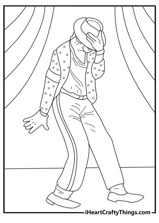 Michael Jackson coloring page with sequined glove and fedora on a stage floor