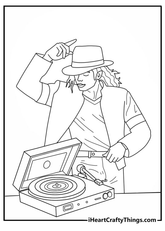Michael Jackson coloring page with the singer standing beside a record player