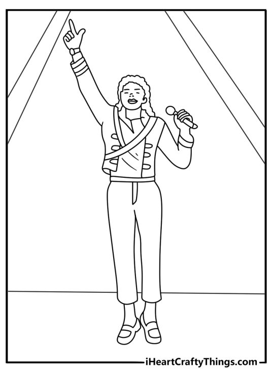 Michael Jackson coloring pages for kids with the singer pointing upward on stage