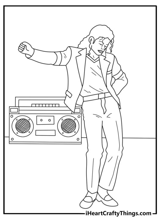 Michael Jackson coloring pages online with the star beside a large boombox