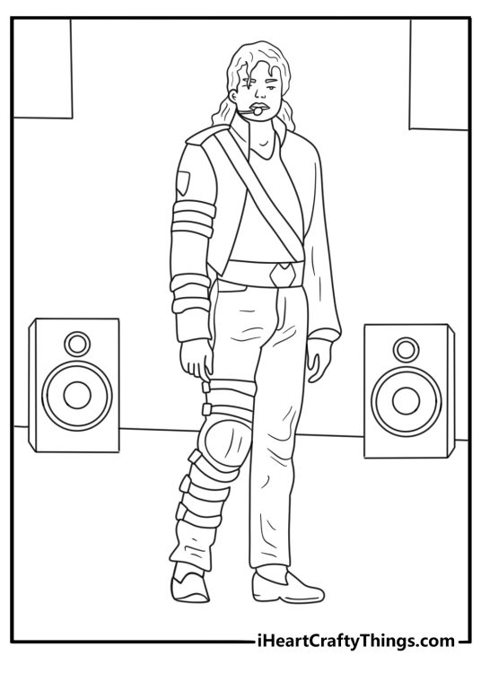 Michael Jackson coloring pages printable with the performer near concert speakers