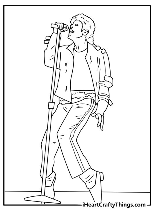 Michael Jackson coloring sheet with a microphone stand and spotlight beams
