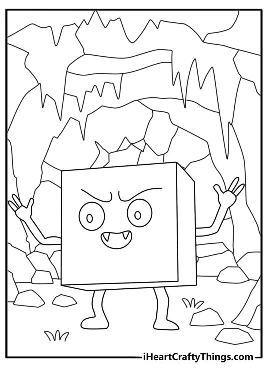 Minecraft monster coloring page with a blocky monster walking through a cave