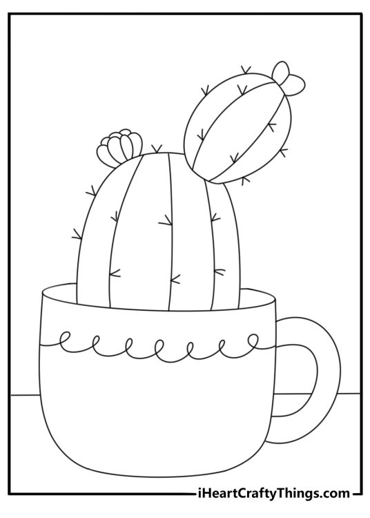 Mini cactus in teacup cute cactus coloring pages printable