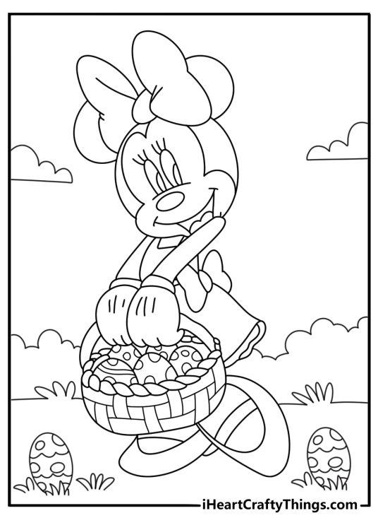 Minnie Mouse Easter coloring page with basket of eggs