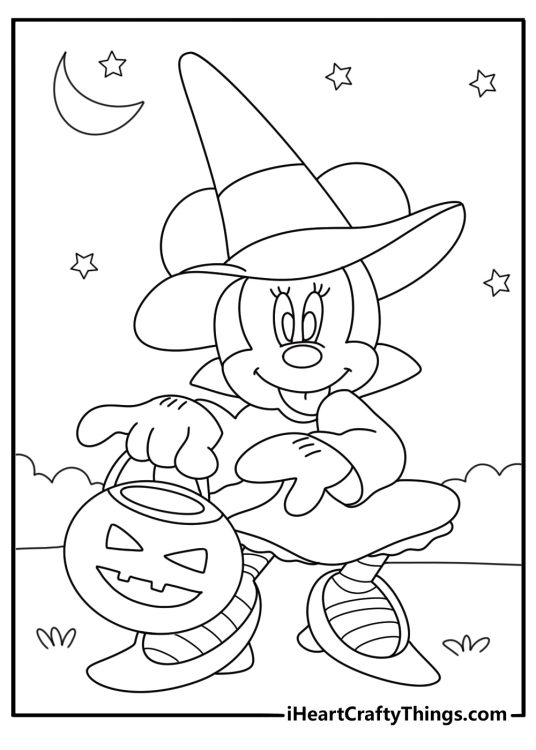 Minnie Mouse Halloween coloring page with pumpkin lantern