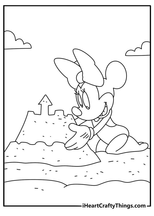Minnie Mouse at beach building sandcastle cute printable coloring page