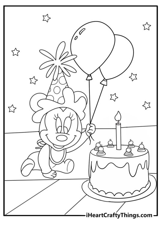 Minnie Mouse birthday coloring page with cake on table