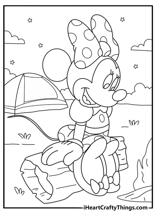 Minnie Mouse camping near small tent under stars coloring sheet