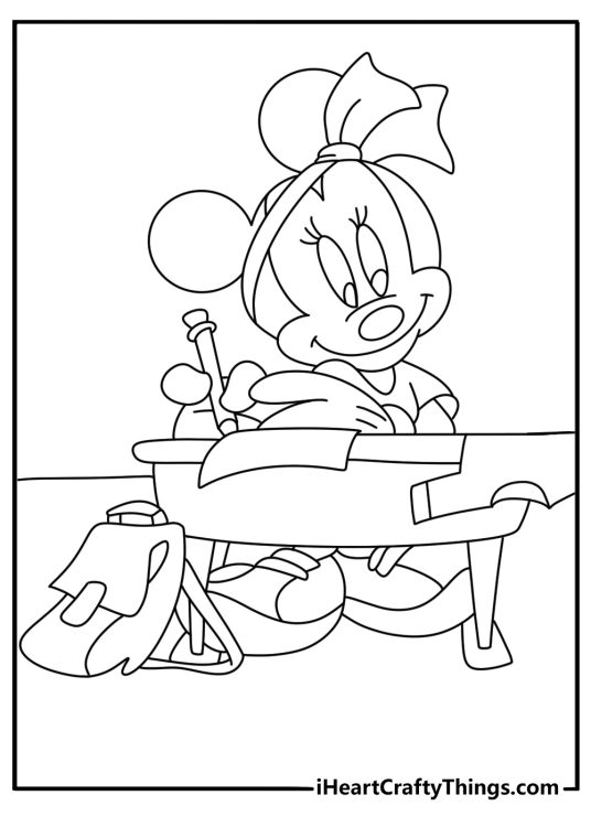 Minnie Mouse fashion design table with dress sketches coloring page