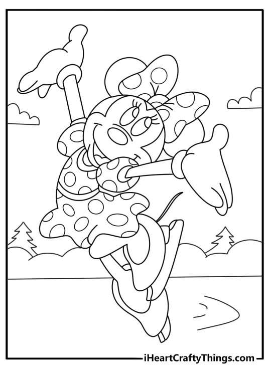 Minnie Mouse ice skating on winter pond fun coloring sheet