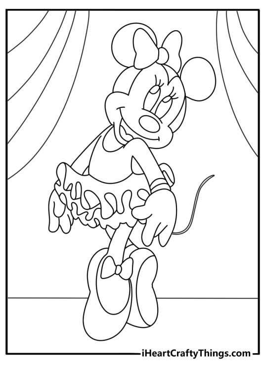 Minnie Mouse in ballet outfit practicing dance pose coloring page