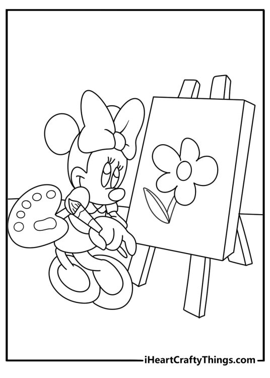 Minnie Mouse painting canvas in art studio simple coloring sheet