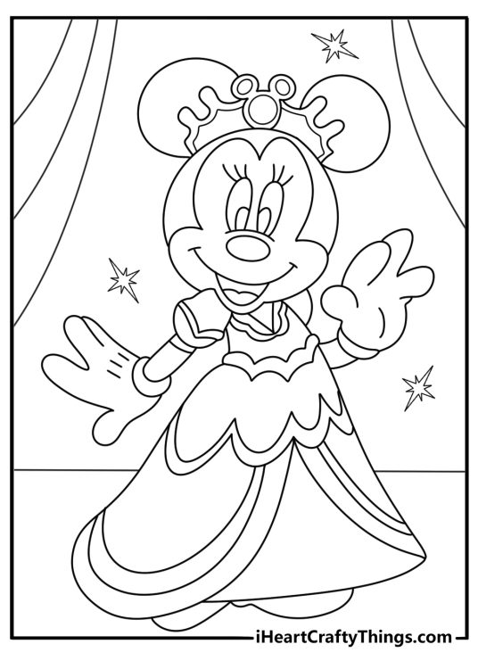 Minnie Mouse princess coloring page with crown and long gown