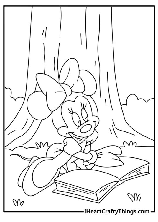 Minnie Mouse reading storybook under tree printable coloring page