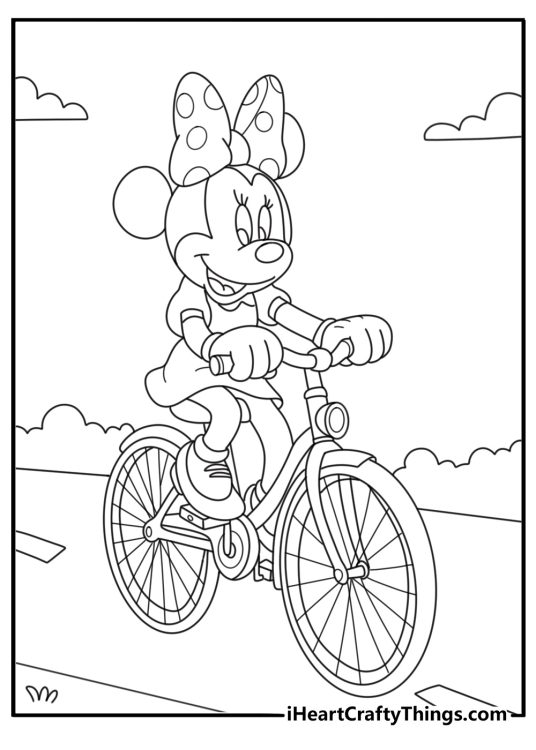 Minnie Mouse riding bicycle through park path coloring sheet
