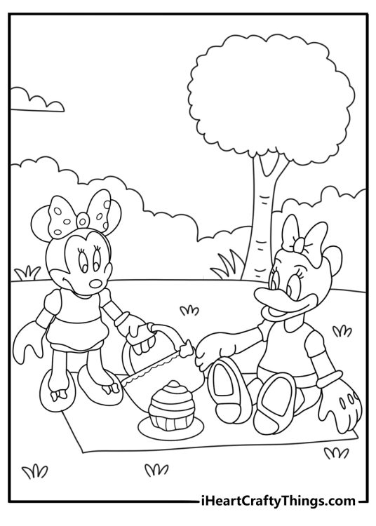 Minnie and Daisy coloring page during picnic in park