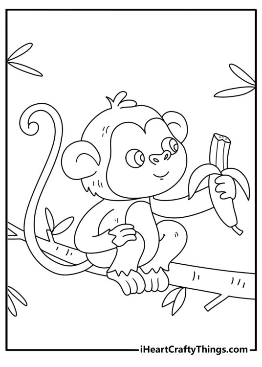 Monkey eating banana coloring page while sitting on a branch