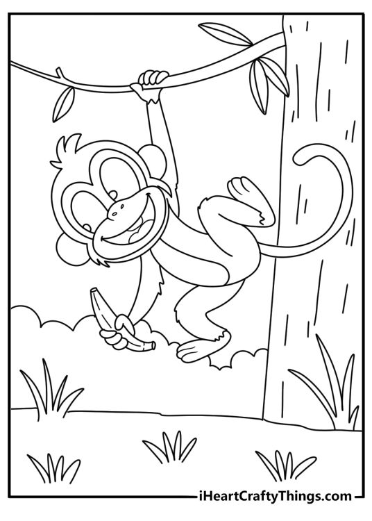 Monkey with banana coloring page near a tree trunk and broad leaves