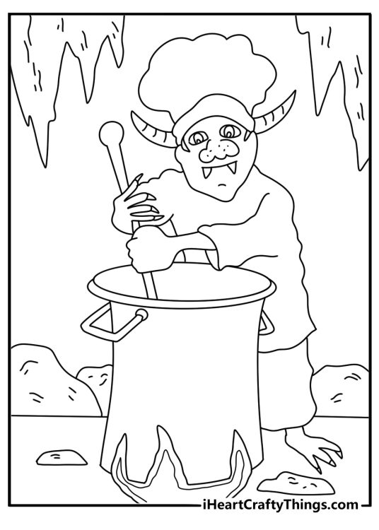Monster coloring book page with a monster chef stirring soup in a cauldron