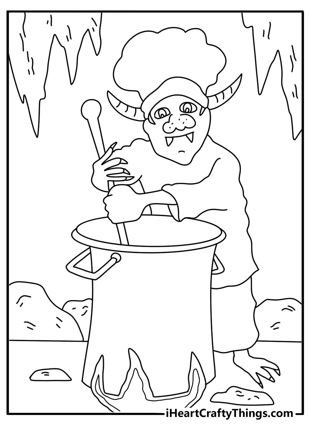 Monster coloring book page with a monster chef stirring soup in a cauldron