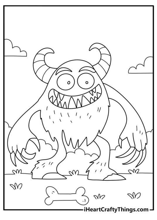 Monster coloring page for adults with detailed scales claws and curled horns