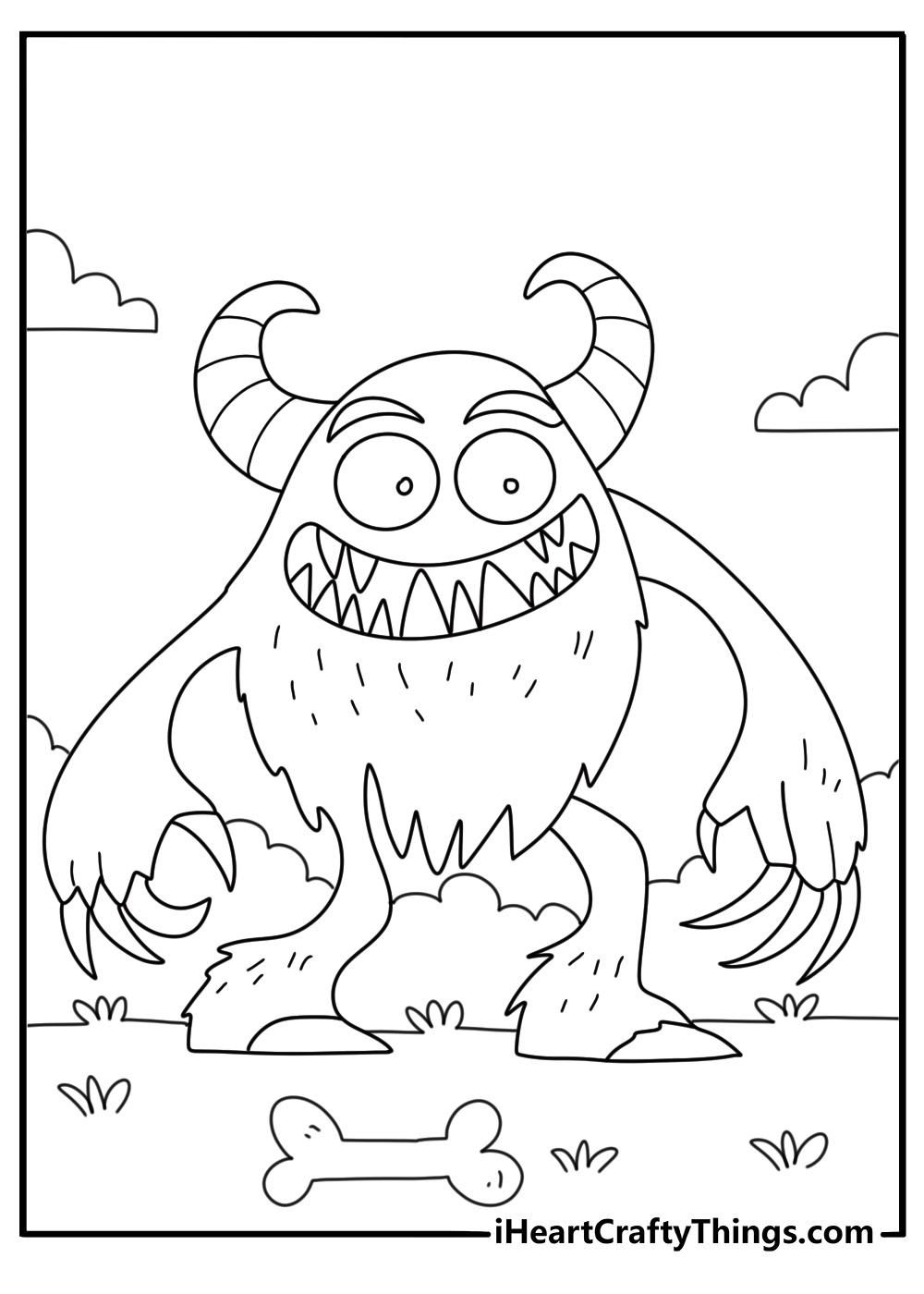 Monster coloring page for adults with detailed scales claws and curled horns