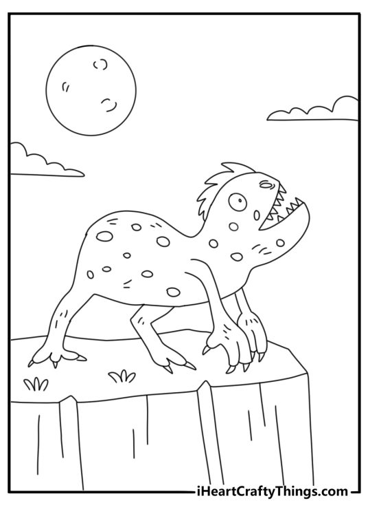 Monster coloring page for boys with a wild beast roaring from a rocky hill