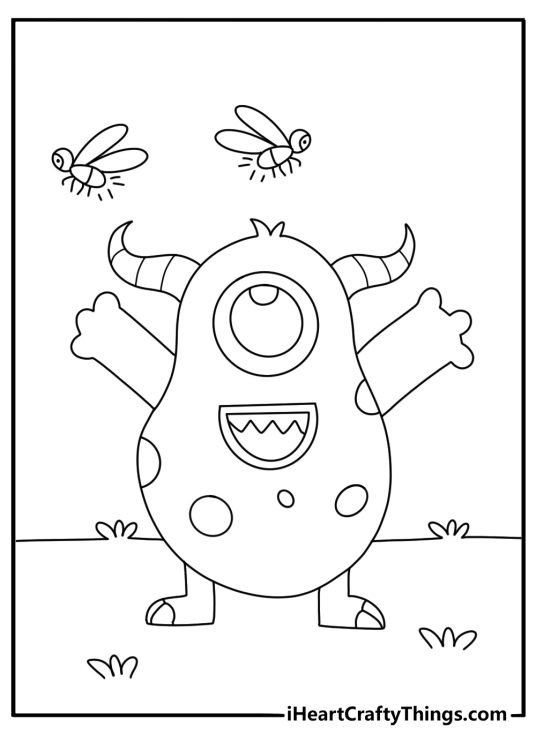 Monster coloring page for kids printable with a tiny cave monster chasing fireflies