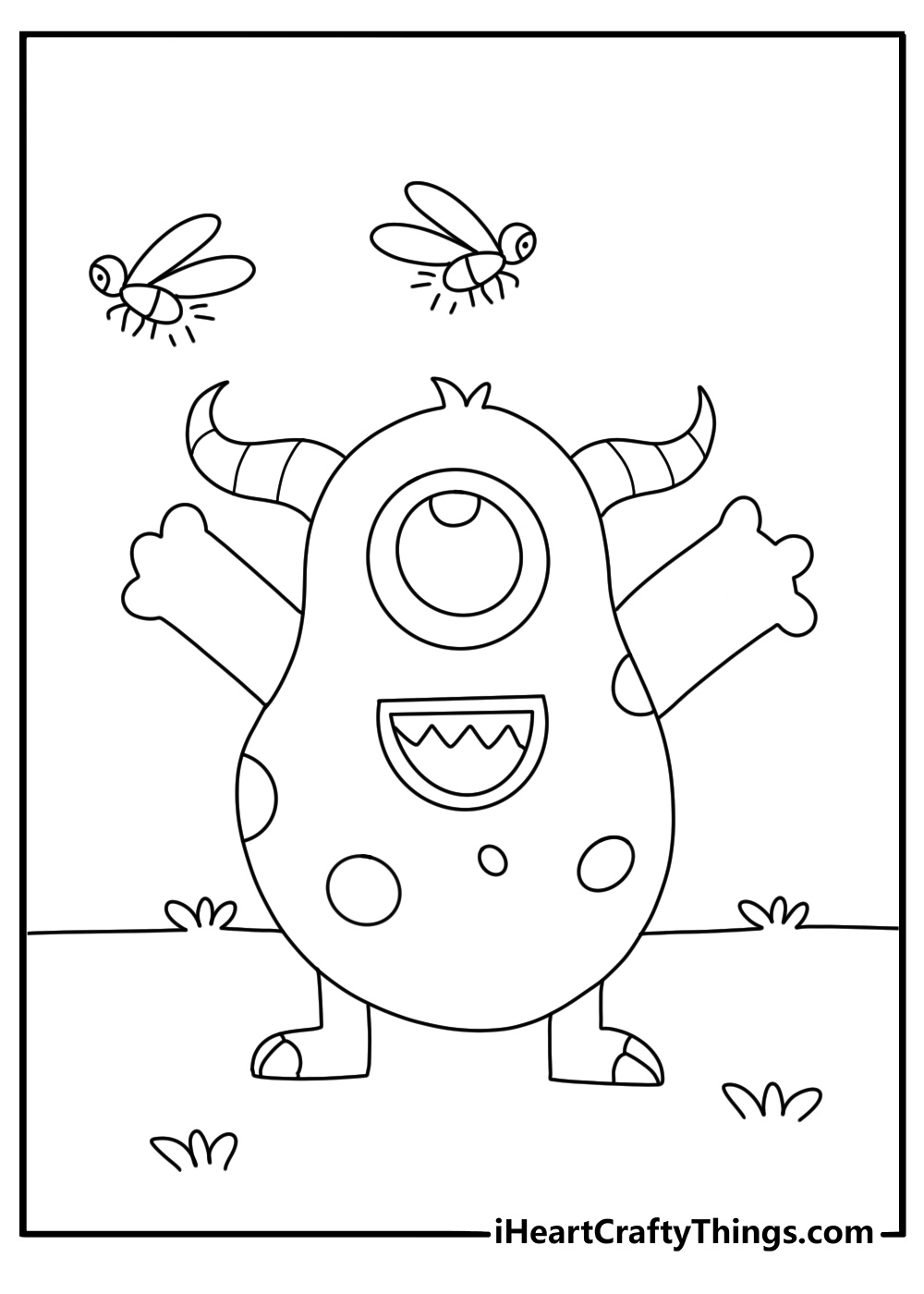 Monster coloring page for kids printable with a tiny cave monster chasing fireflies