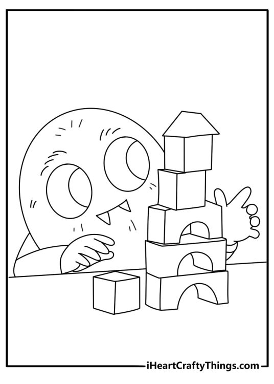Monster coloring page for kids with a round creature building a block tower