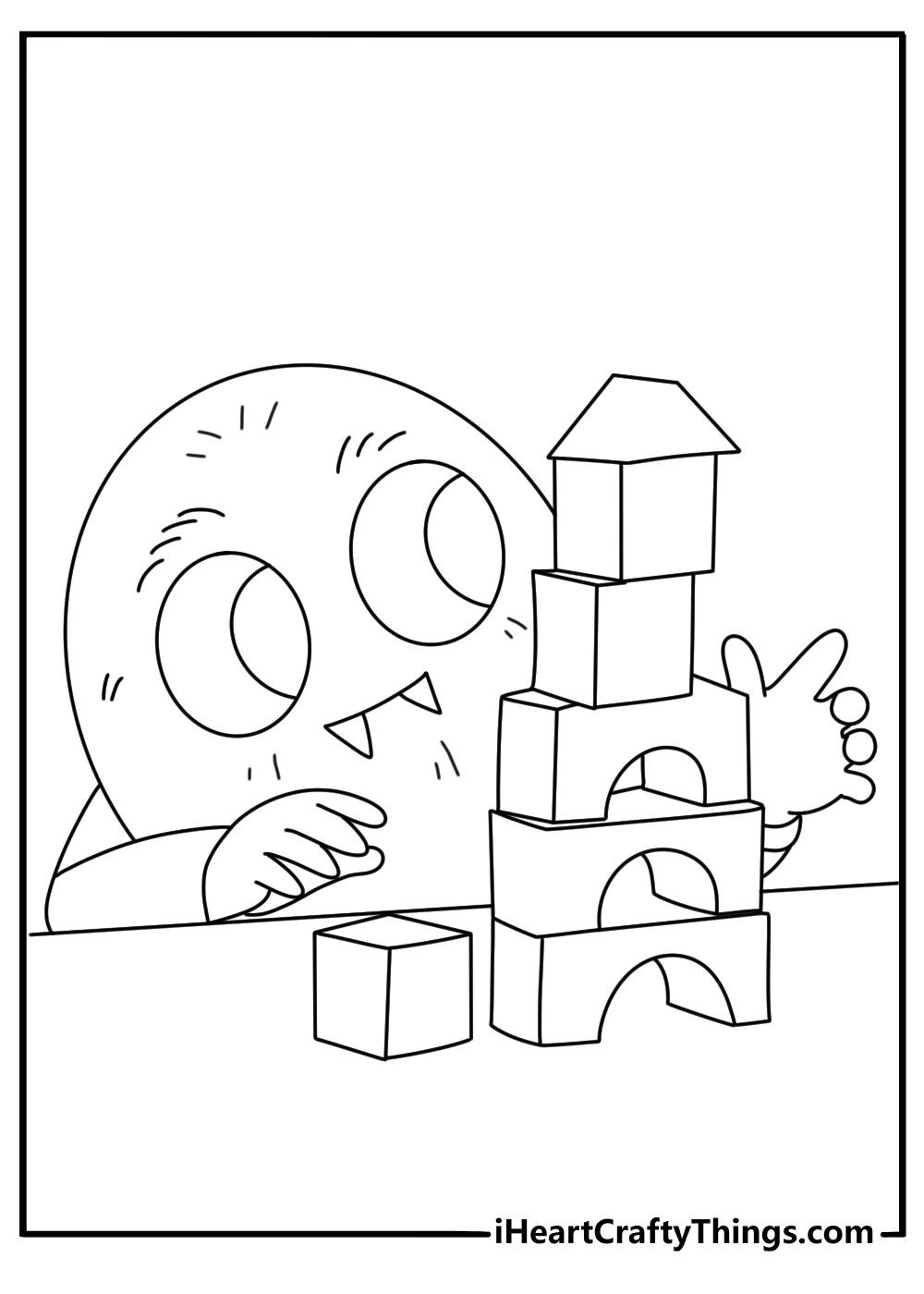 Monster coloring page for kids with a round creature building a block tower