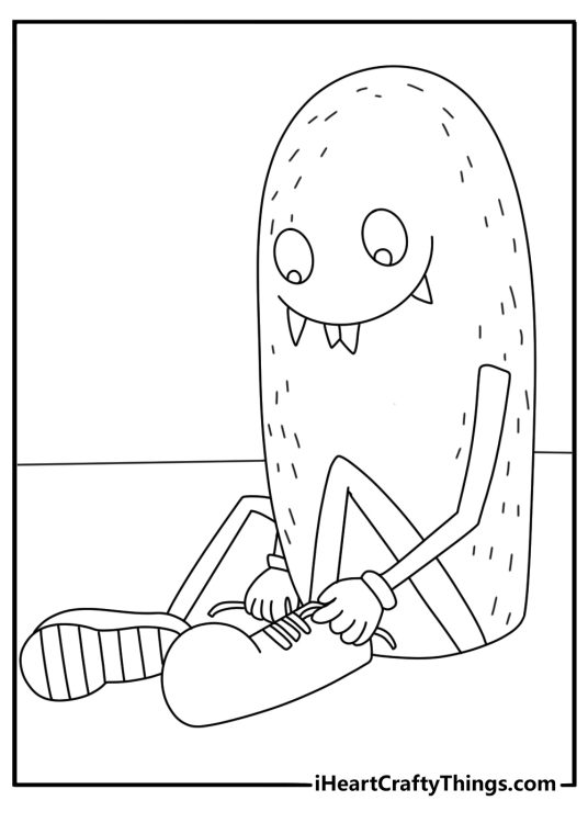 Monster coloring page for kindergarten with a spotted creature tying giant shoes