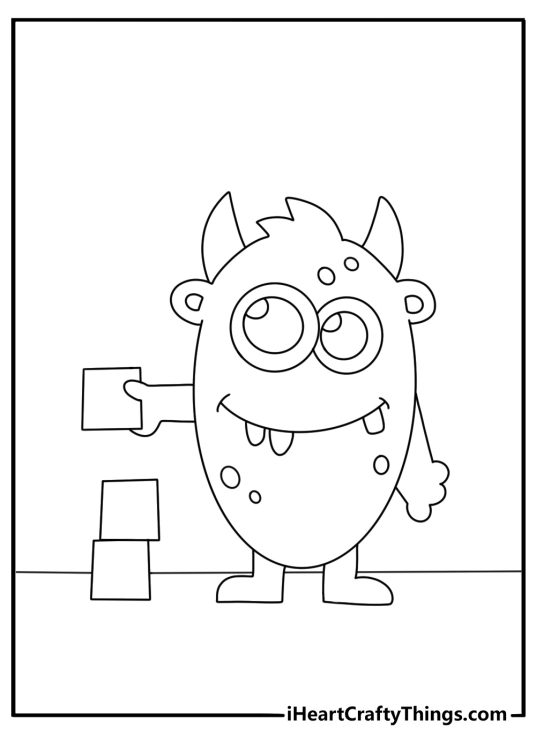 Monster coloring page for preschoolers with a silly beast stacking toy cubes